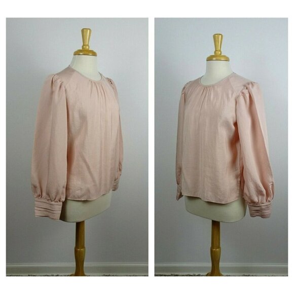 💰3/$2 EXPRESS Pink Blouse Top Puffed Balloon Sleeve Shirred Button Cuff Chic XS - Picture 1 of 13